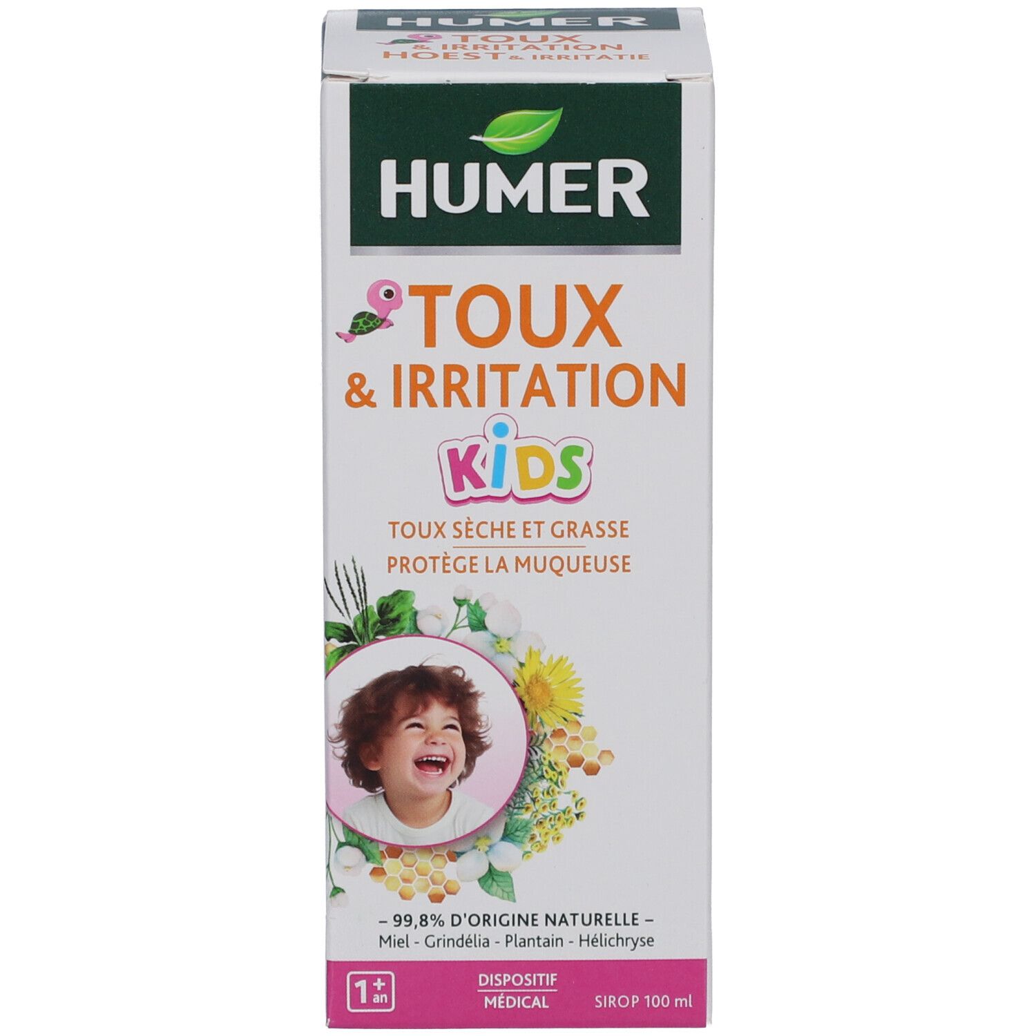Productverpakking met HUMER-logo, TOUX & IRRITATION KIDS. Afbeelding van een kind. Tekstinformatie.
