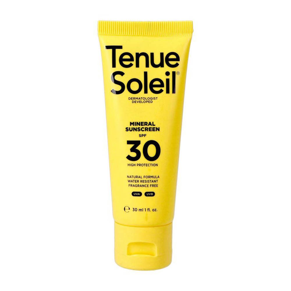 Tube jaune de crème solaire minérale Tenue Soleil SPF 30. Protection UVA et UVB. Formule naturelle, résistante à l'eau.
