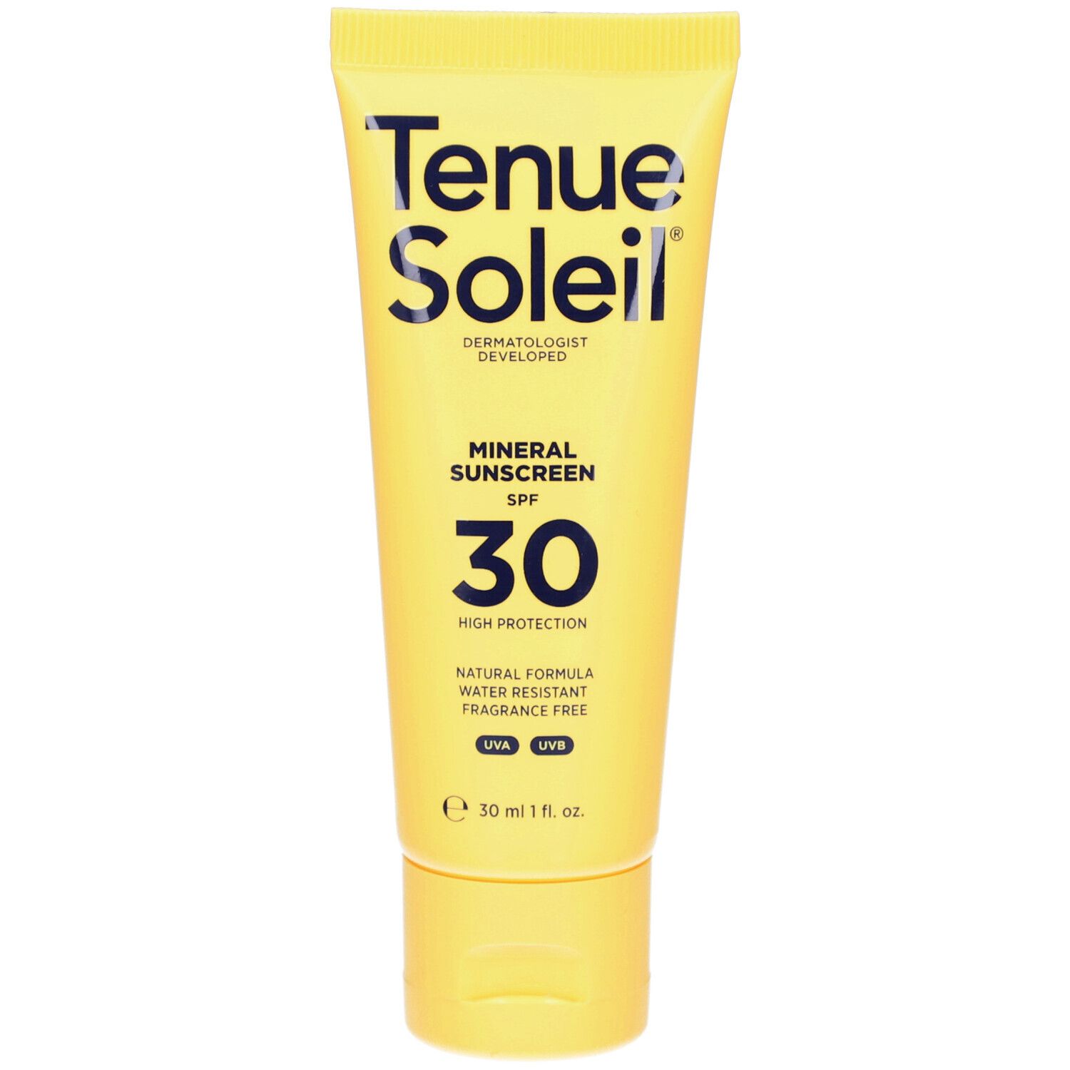 Tube jaune de crème solaire minérale Tenue Soleil SPF 30. Protection UVA et UVB. Formule naturelle, résistante à l'eau.