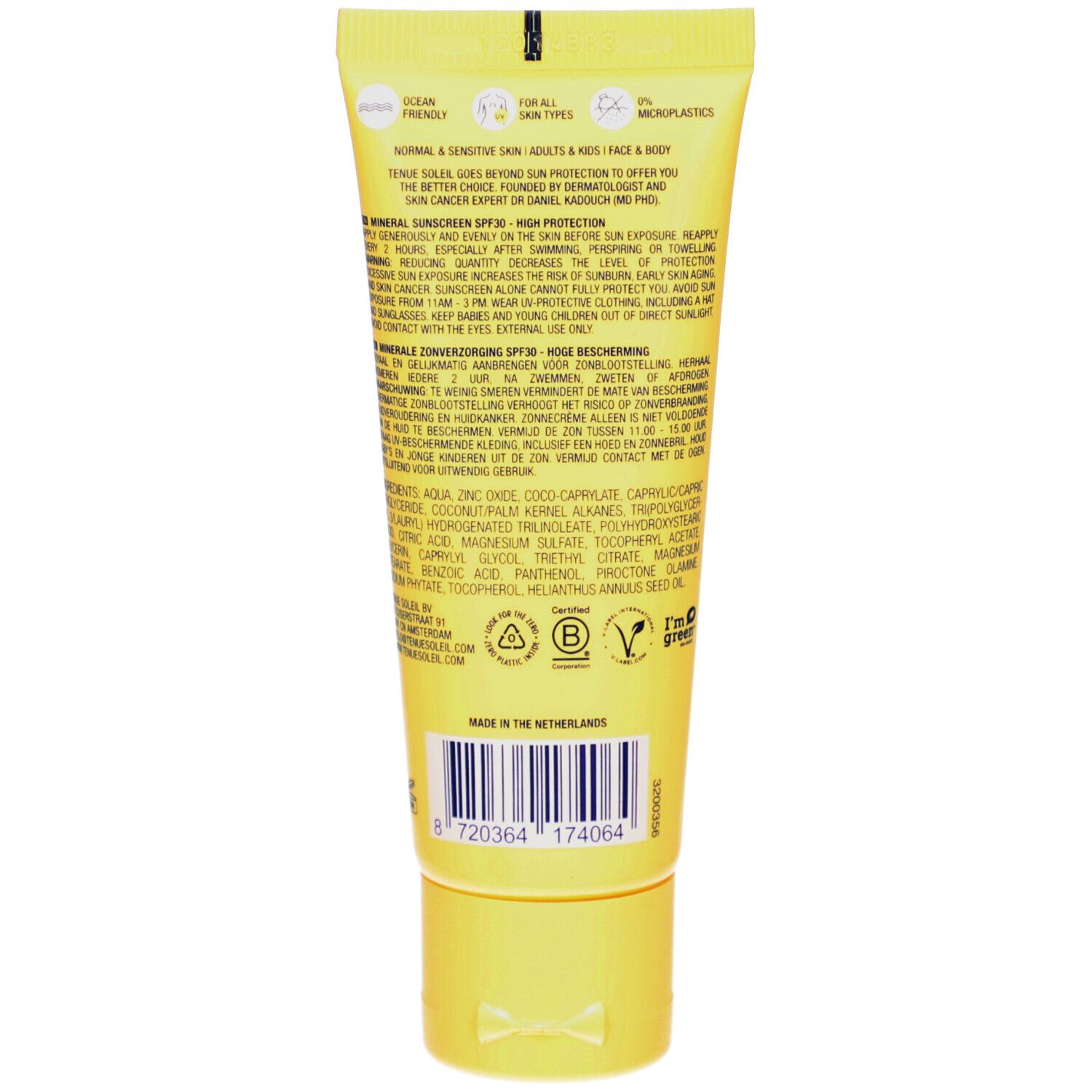 Dos du tube jaune. Ingrédients, certifications et code-barres. Fabriqué aux Pays-Bas. Protection UVA et UVB.