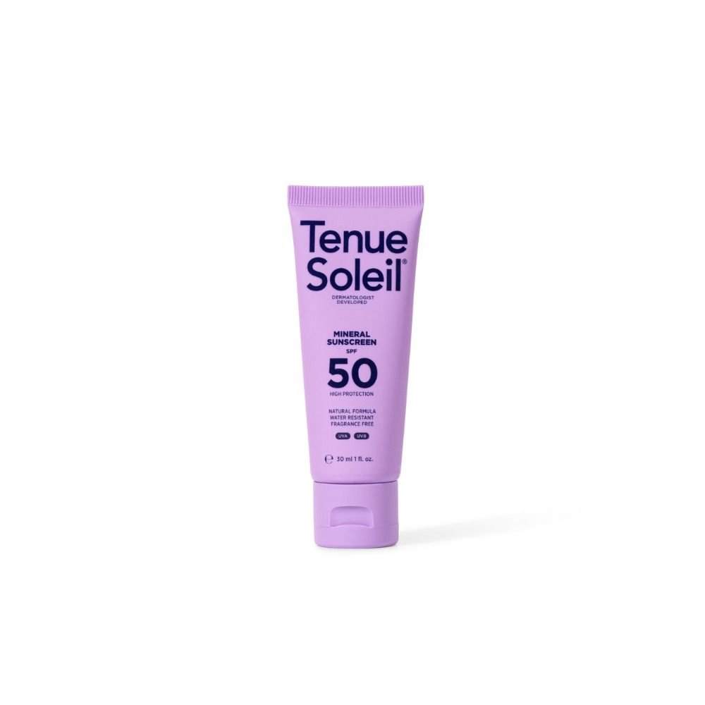 Tube Tenue Soleil Mineral Sunscreen SPF50. Lila, blauwe tekst. Bevat: Mineral Sunscreen, SPF 50, Natural Formula.