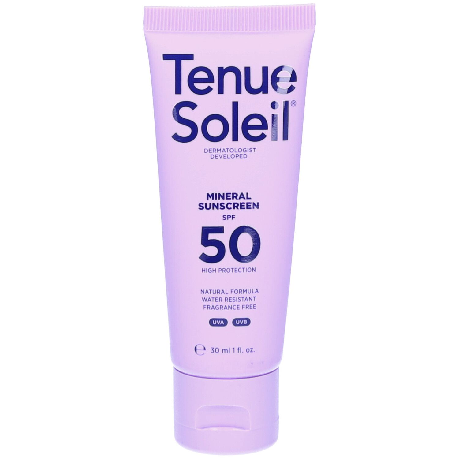 Tube de Tenue Soleil Mineral Sunscreen SPF50. Couleur lilas, texte bleu. Contient : Mineral Sunscreen, High Protection, Natural Formula.