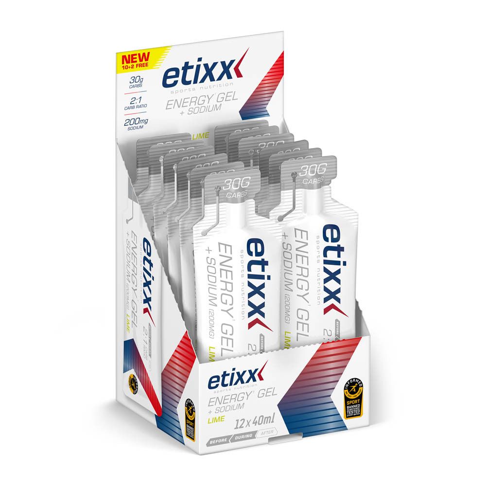 Display met 12 zakjes Etixx Energy Gel + Sodium, smaak Lime. Logo Etixx. Opschrift: 12x40ml.