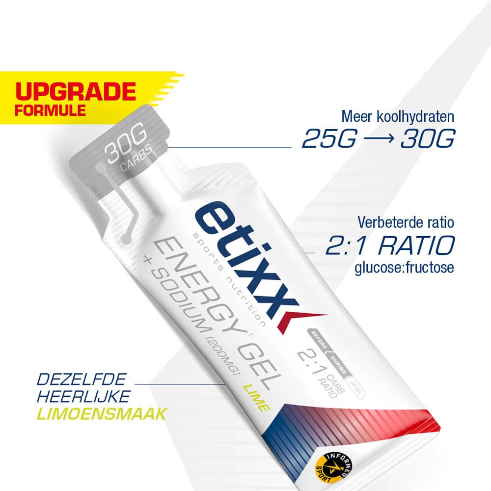 Etixx Energy Gel + Sodium, 30g zakje. Opschrift: 30g Carbs, 2:1 Ratio. Logo Etixx. Smaak: Lime.