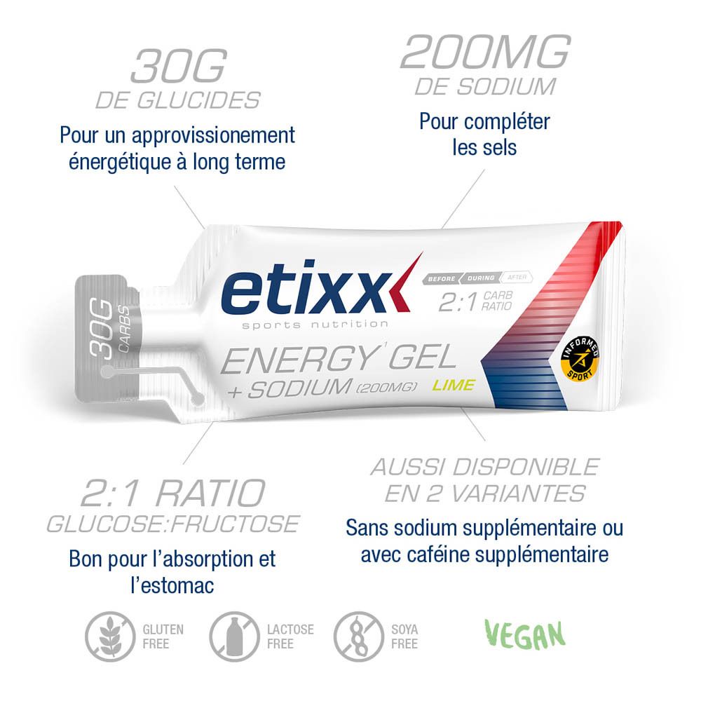 Sachet de 30g Etixx Energy Gel + Sodium, saveur Lime. Inscription: 30g Glucides, 2:1 Ratio. Logo.
