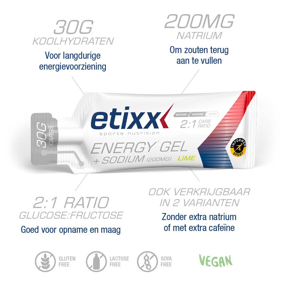 Etixx Energy Gel + Sodium, 30g zakje. Opschrift: 30g Carbs, 2:1 Ratio. Logo Etixx. Smaak: Lime.