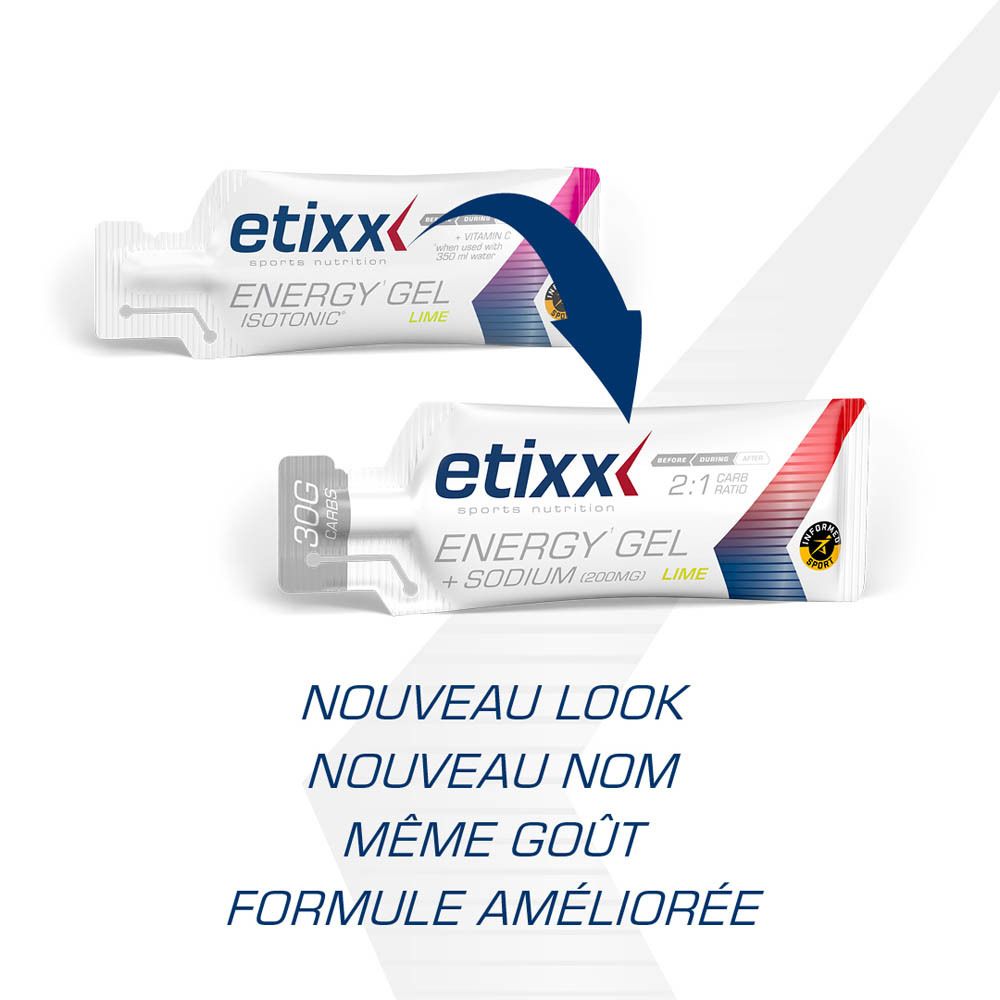 Sachet de 30g Etixx Energy Gel + Sodium, saveur Lime. Inscription: 30g Glucides, 2:1 Ratio. Logo.