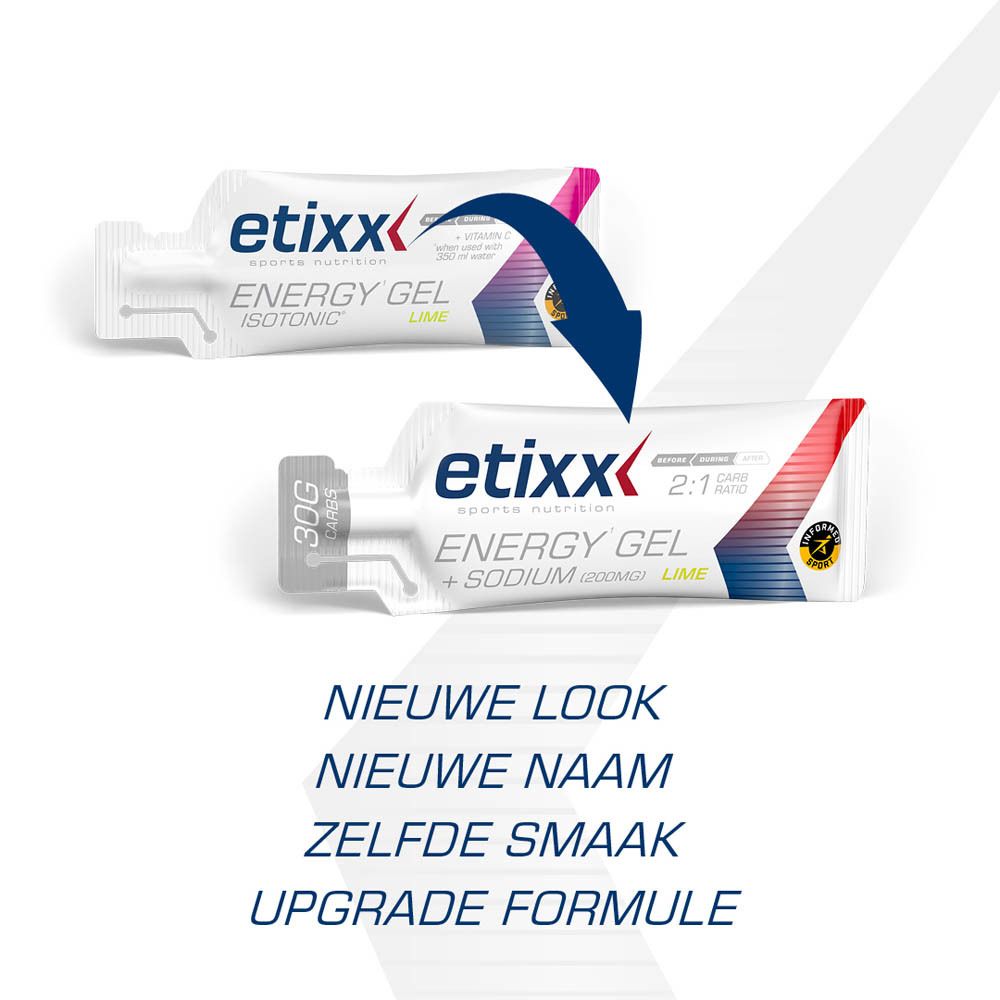 Etixx Energy Gel + Sodium, 30g zakje. Opschrift: 30g Carbs, 2:1 Ratio. Logo Etixx. Smaak: Lime.