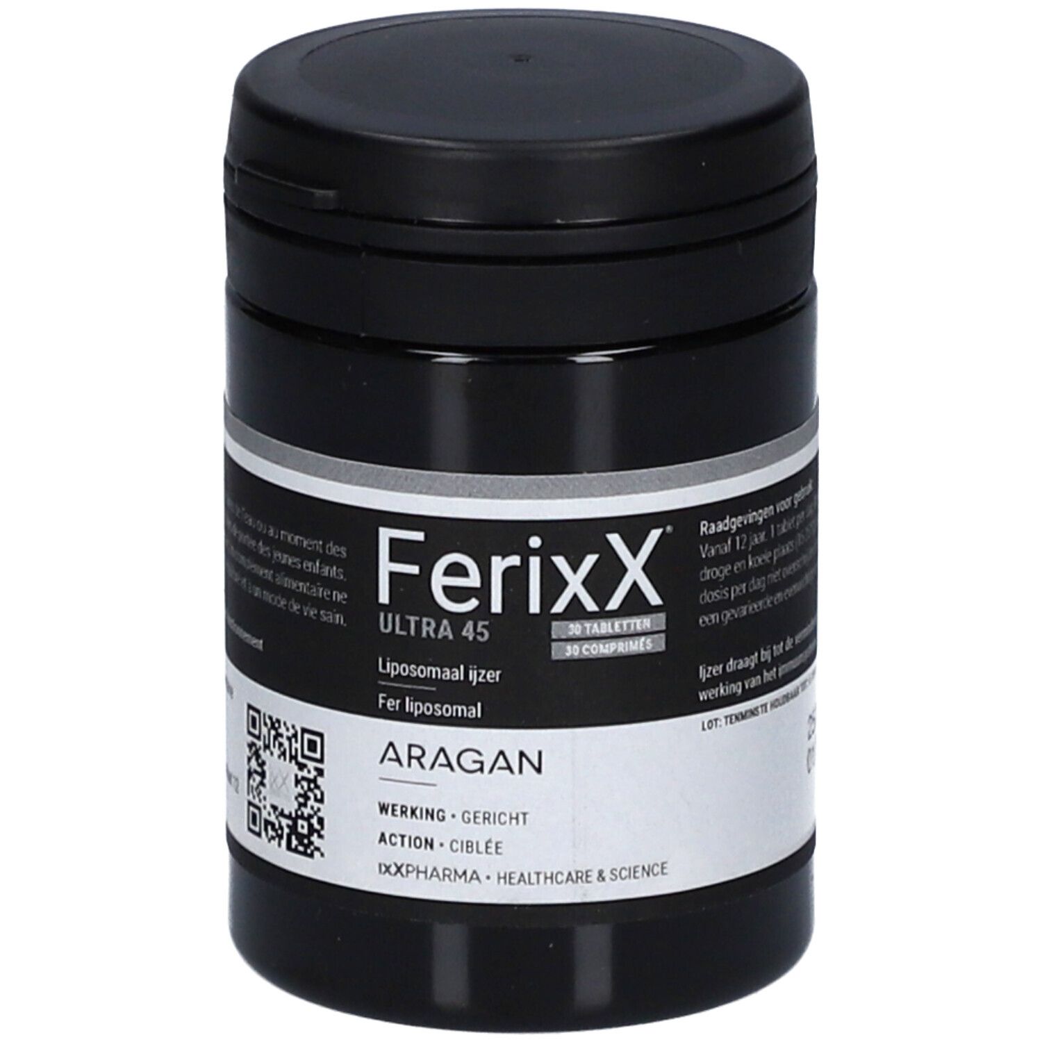 Zwarte pot met wit etiket. Opschrift: Ferixx Ultra 45, 30 tabletten. Liposomaal ijzer. Merk: Aragan.
