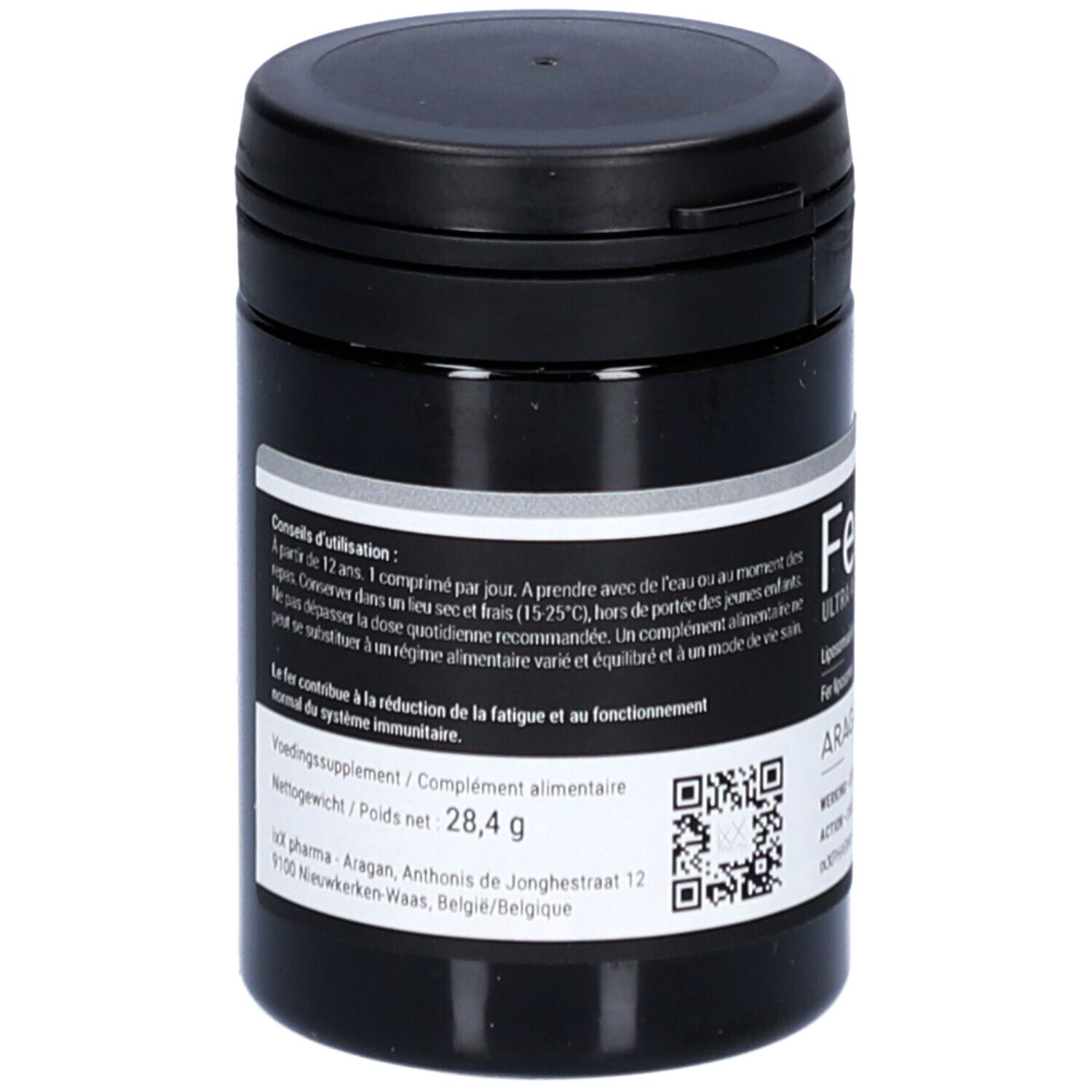 Zwarte pot met wit etiket. Opschrift: Ferixx Ultra 45. Netto gewicht: 28,4 g. QR-code. Fabrikantenadres.