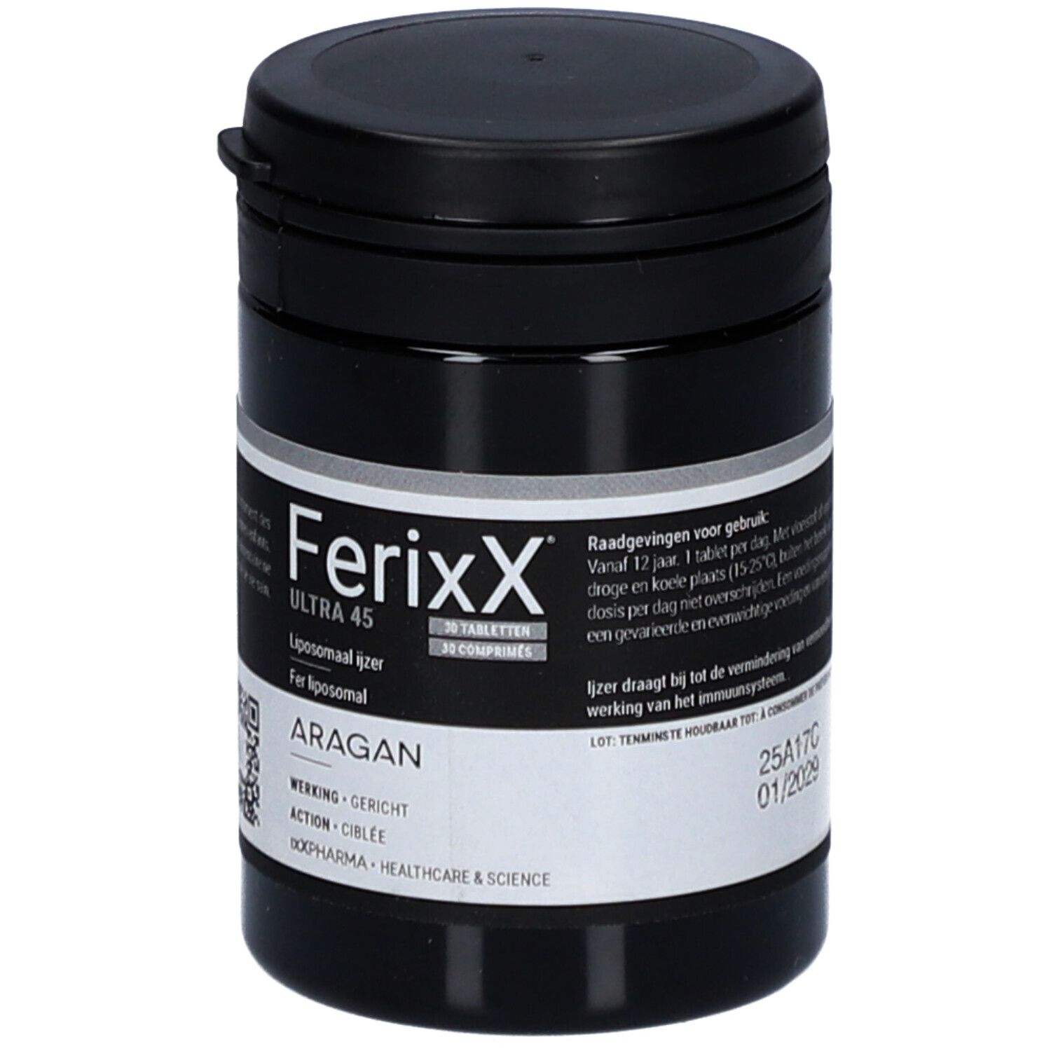 Zwarte pot met wit etiket. Opschrift: Ferixx Ultra 45, 30 tabletten. Liposomaal ijzer. Merk: Aragan.