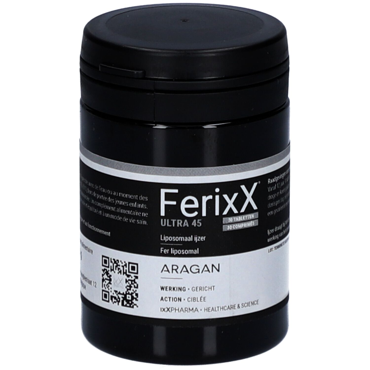Zwarte pot met wit etiket. Opschrift: Ferixx Ultra 45, 30 tabletten. Liposomaal ijzer. Merk: Aragan.