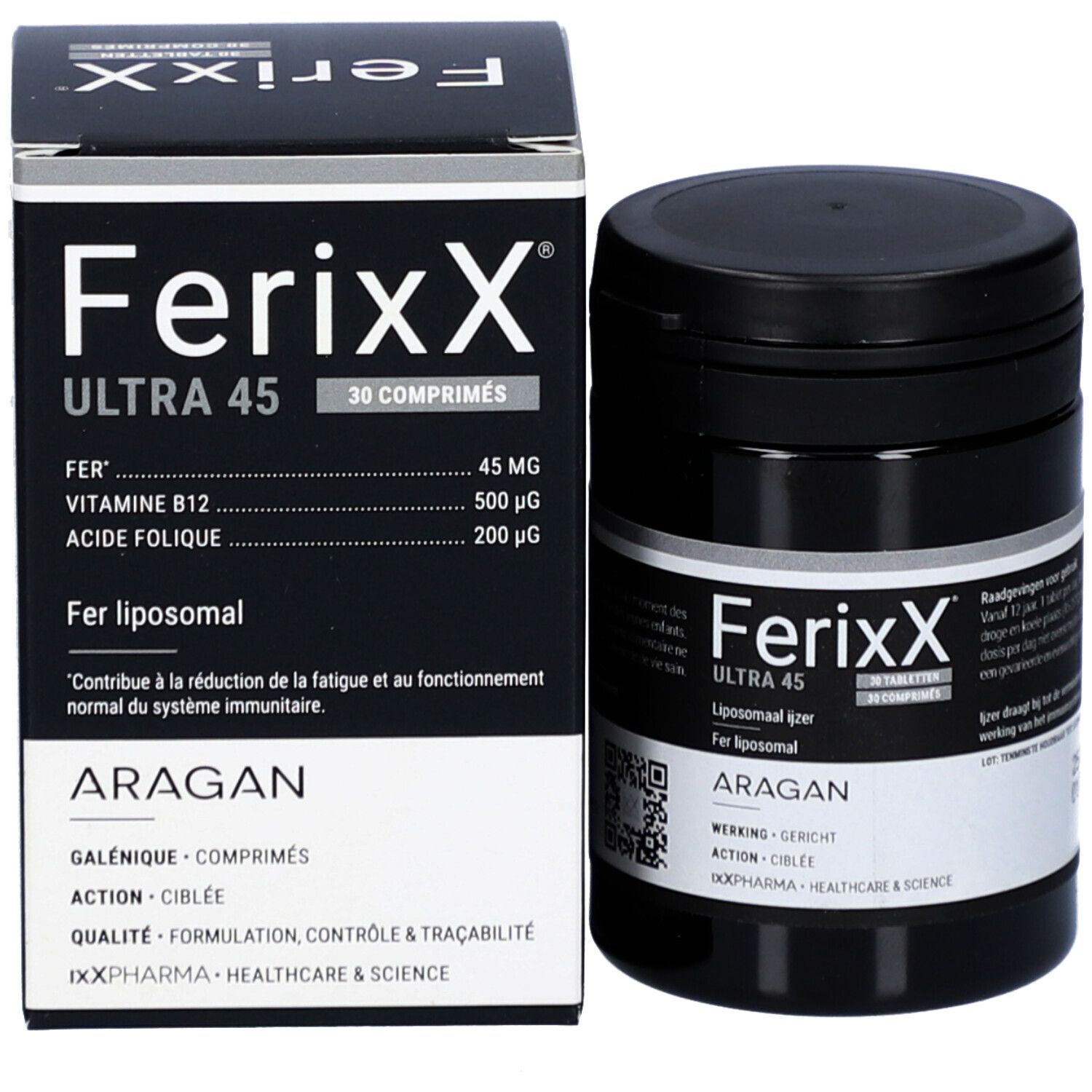 Productverpakking met pot en doos. Pot: Ferixx Ultra 45, 30 tabletten. Doos: Ferixx Ultra 45.