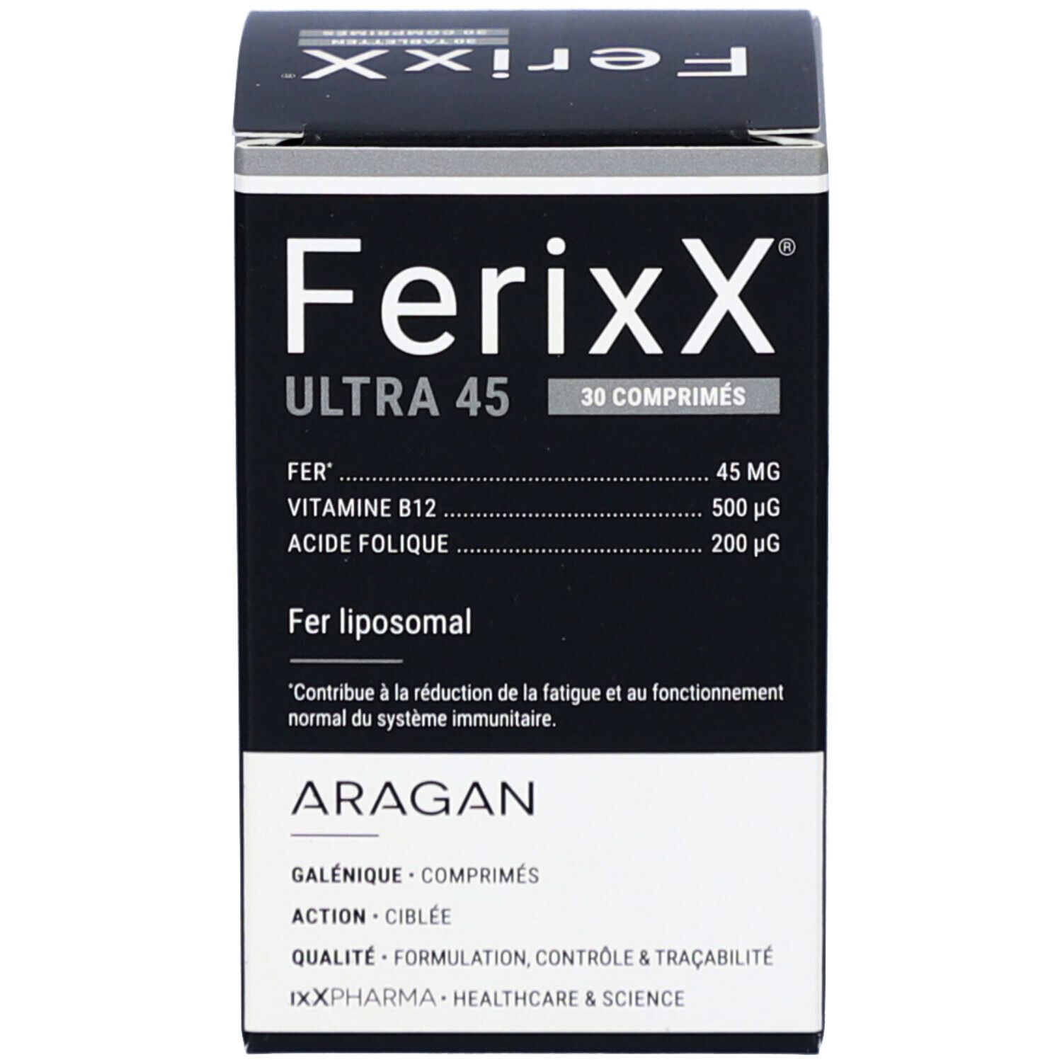 Doos met wit en zwart ontwerp. Opschrift: Ferixx Ultra 45, 30 tabletten. Ingrediënten.