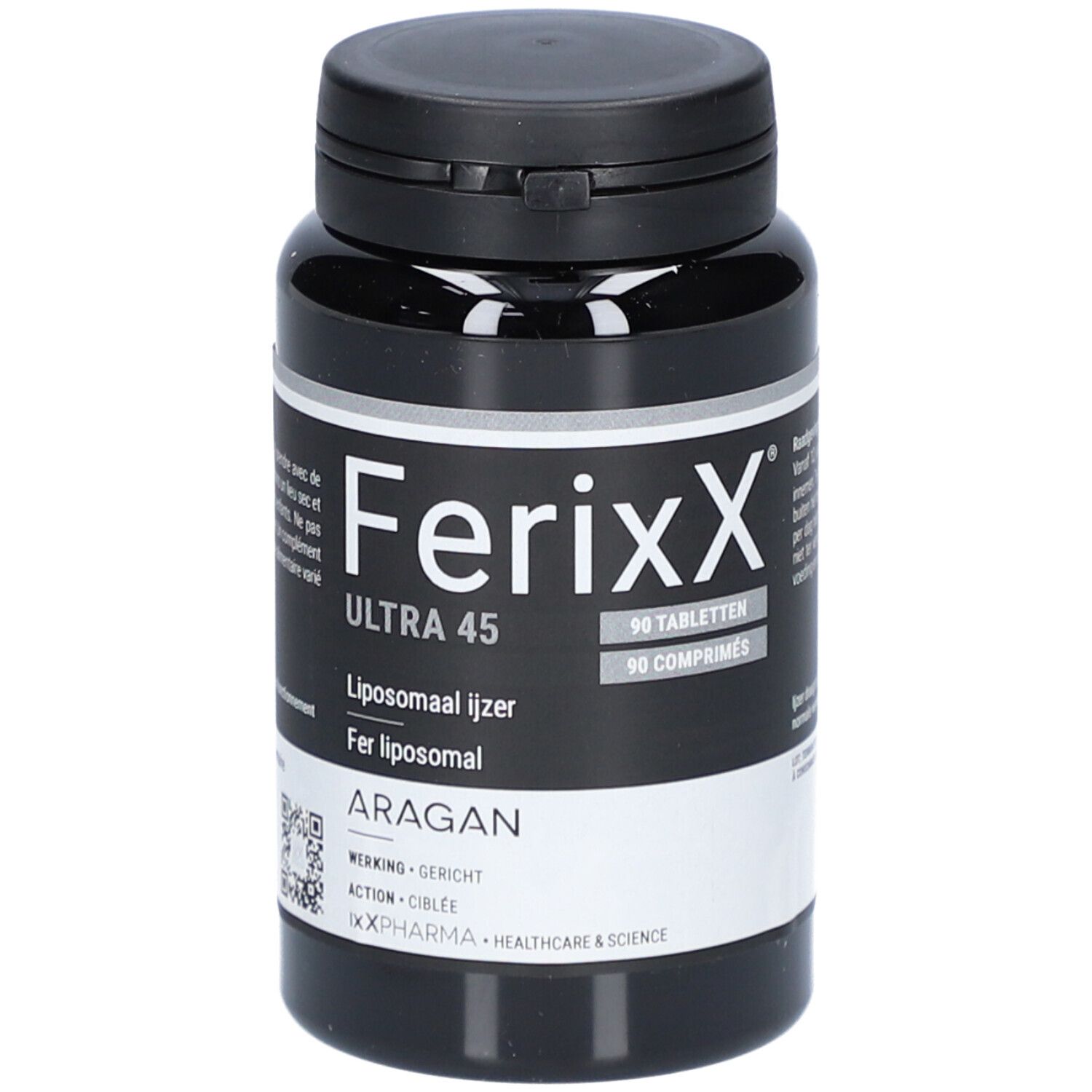 Zwarte fles met tabletten. Opschrift: Ferixx Ultra 45, 90 tabletten. Liposomaal ijzer. Merk: Aragan.