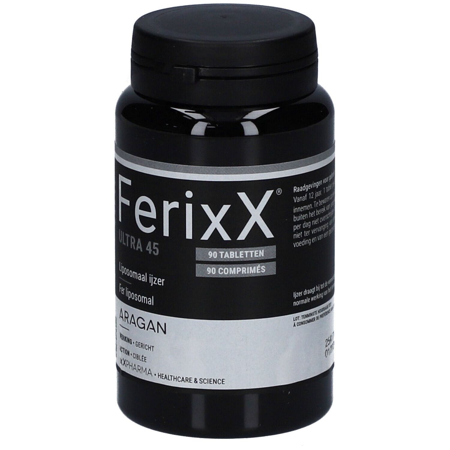 Zwarte tablettenfles. Opschrift: Ferixx Ultra 45, 90 tabletten. Liposomaal ijzer. Merk: Aragan.