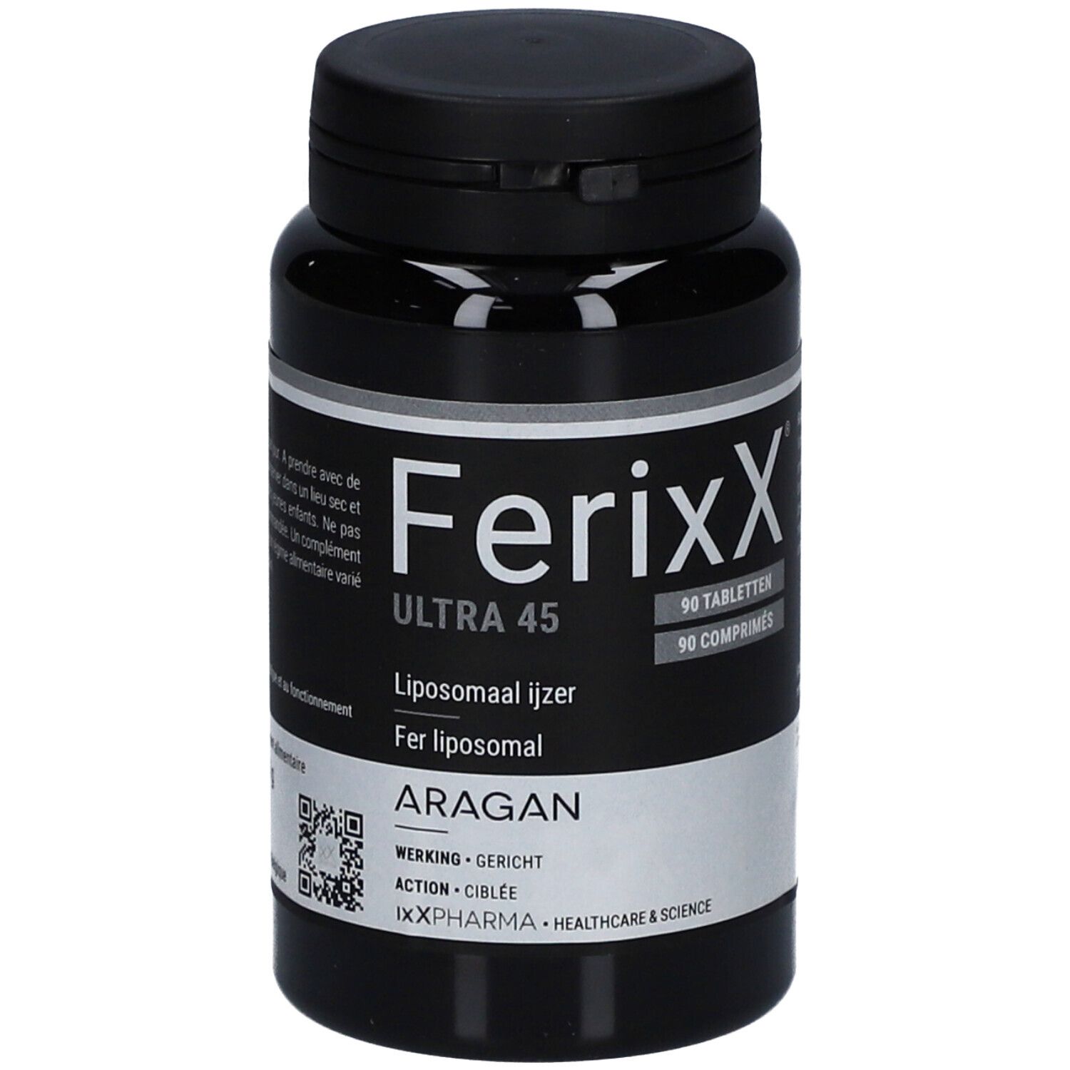 Zwarte tablettenfles. Opschrift: Ferixx Ultra 45, 90 tabletten. Liposomaal ijzer. Merk: Aragan.