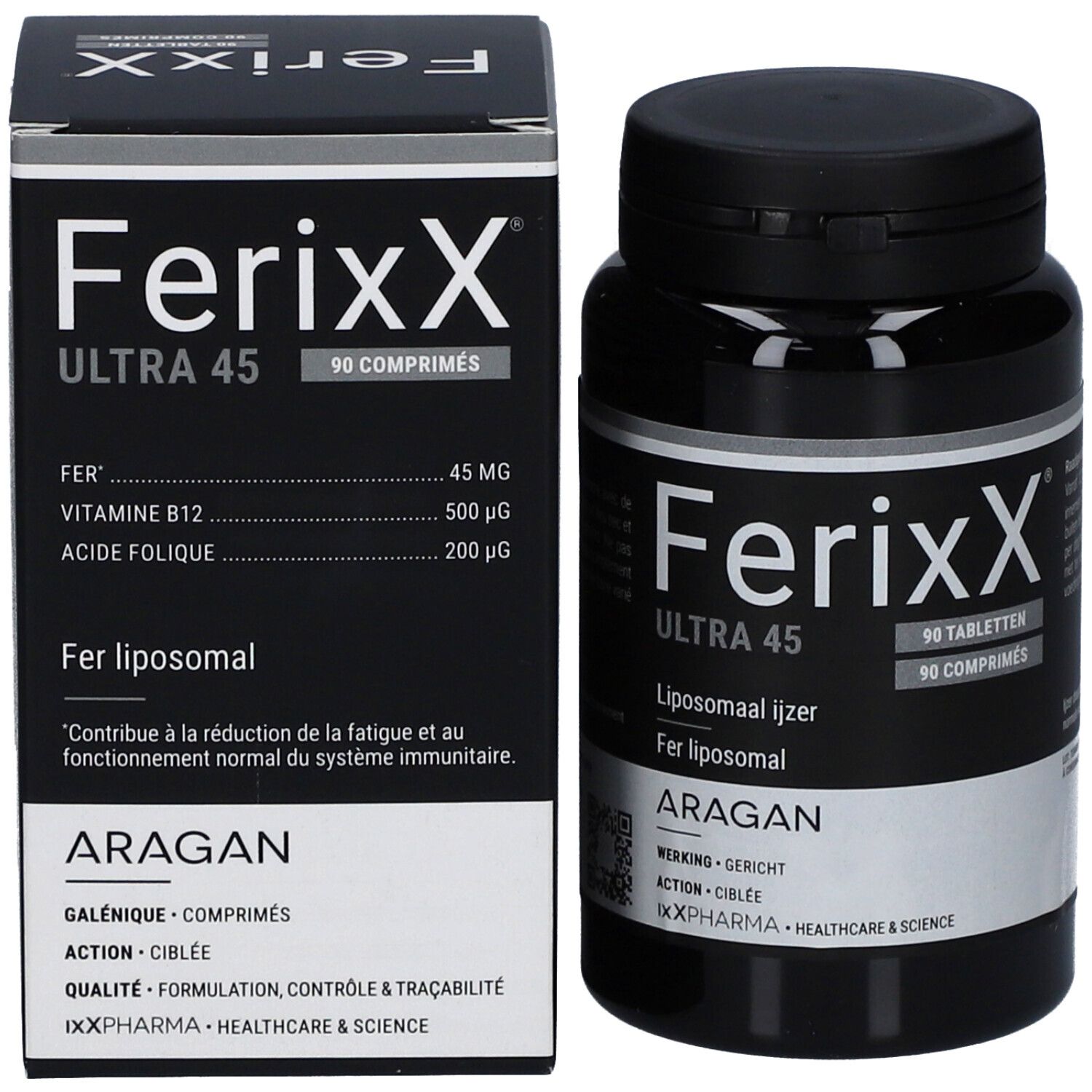 Productverpakking en tablettenfles. Opschrift: Ferixx Ultra 45, 90 tabletten. Ingrediënten. Merk: Aragan.