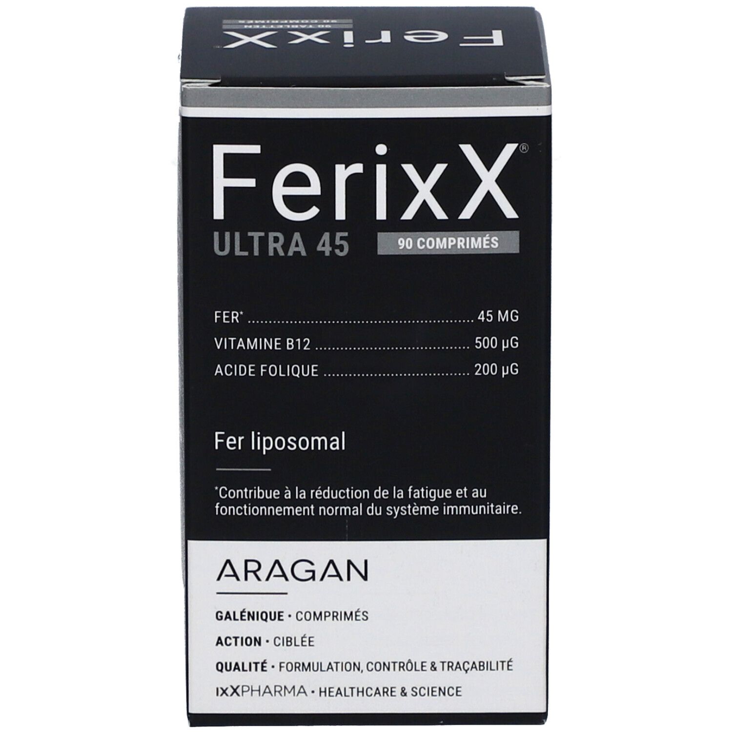 Productverpakking. Opschrift: Ferixx Ultra 45, 90 tabletten. Ingrediënten. Merk: Aragan.