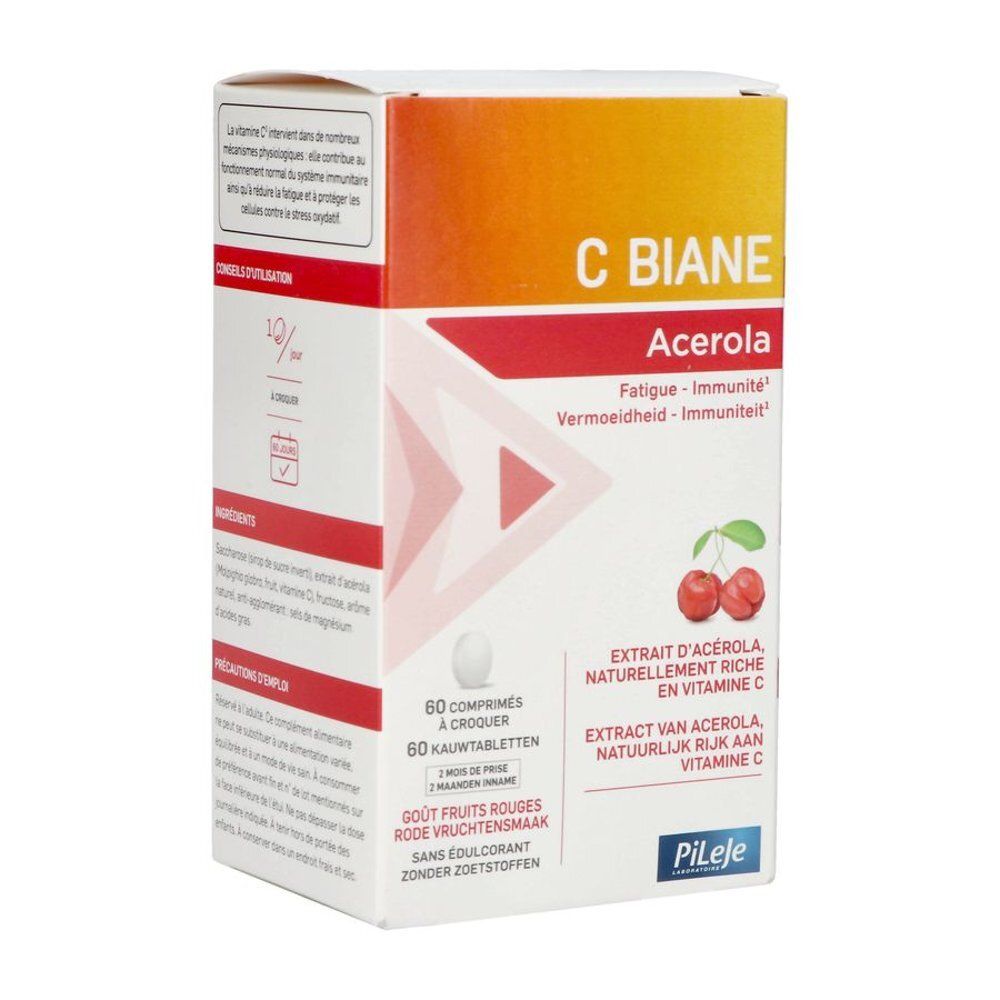 Zijkant PiLeJe C Biane Acerola doos. Ingrediënten, gebruikstips. 60 kauwtabletten.