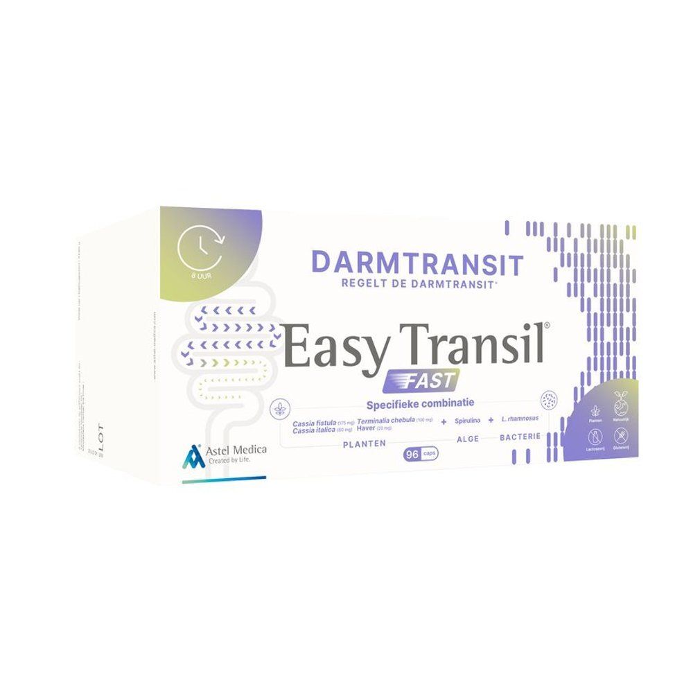 Boîte blanche "Easy Transil Fast". Texte: "Darmtransit regelt de darmtransit". Contient 96 gélules.