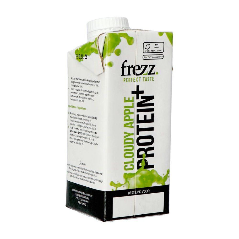 Tetrapack "frezz. PERFECT TASTE" met "Cloudy Apple + Protein". Wit en groen. Witte schroefdop.