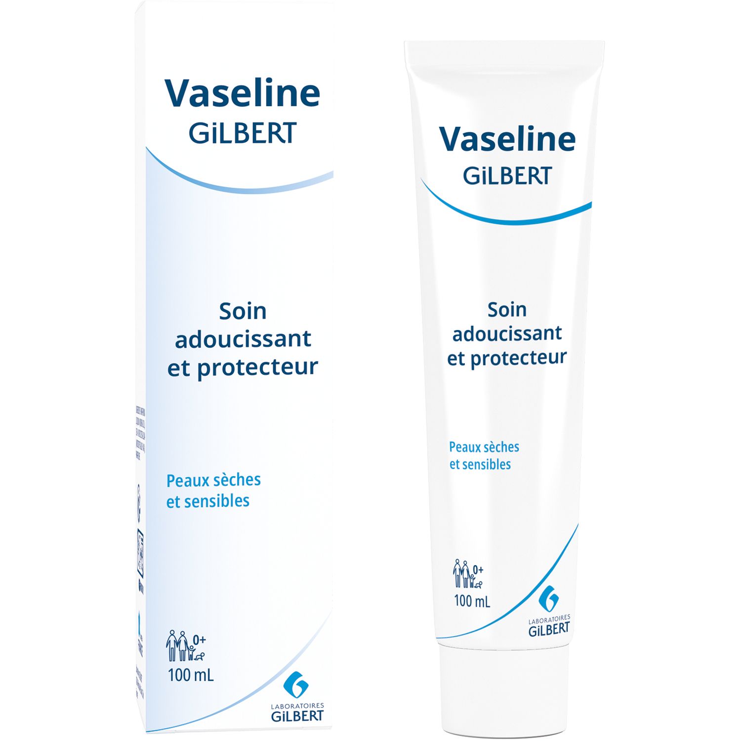 Tube blanc avec nom du produit et texte bleu. Texte : Soin adoucissant et protecteur. Pour peaux sèches et sensibles.