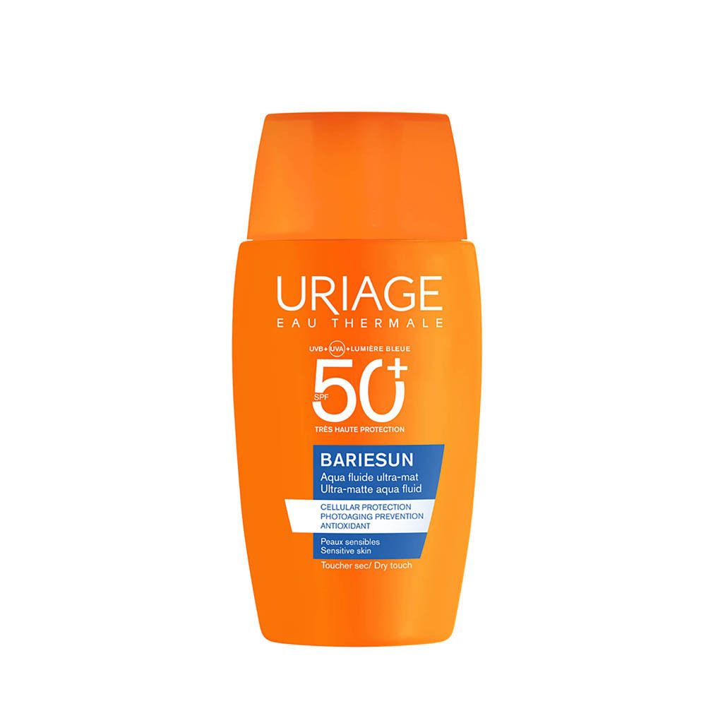 Flacon Uriage Bariesun Aqua fluide ultra-mat SPF50+. Flacon orange avec texte blanc.