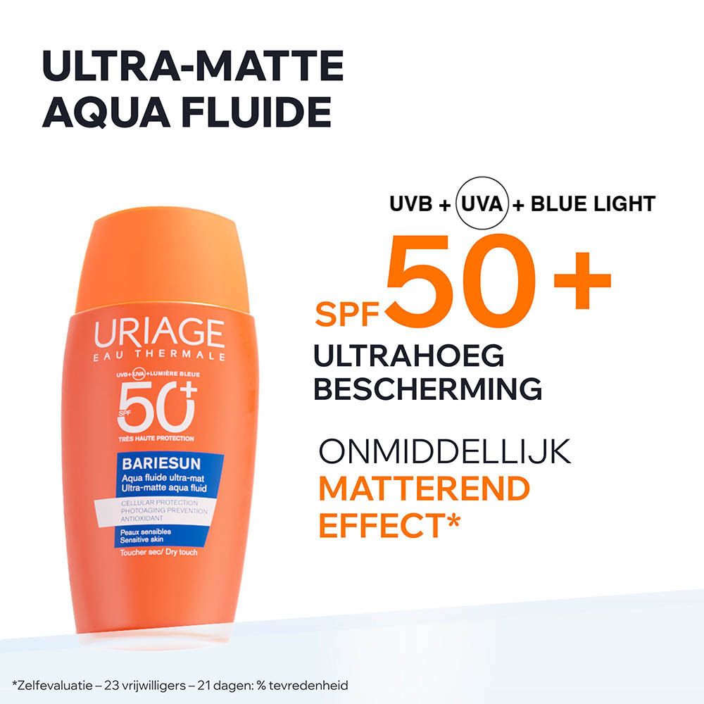 Uriage Bariesun Aqua Fluid Ultra-mat SPF50+ fles. Tekst en logo op de fles.