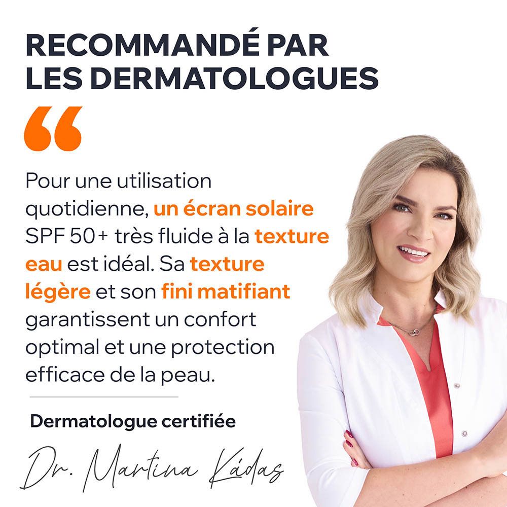 Emballage Uriage Bariesun Aqua fluide ultra-mat SPF50+. Texte sur le produit.