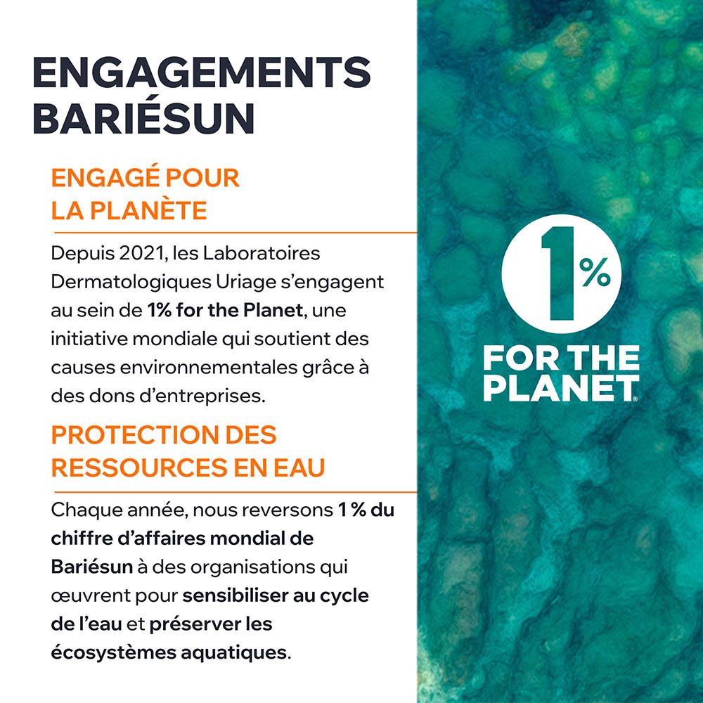Flacon Uriage Bariesun Aqua fluide ultra-mat SPF50+. Flacon orange avec texte blanc.