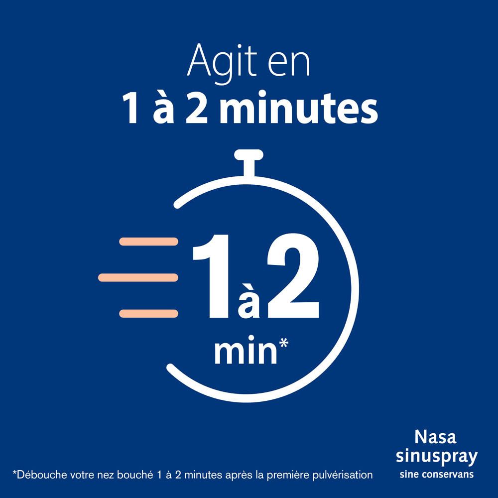 Enfant avec spray nasal. Texte: Agit dès la 1ère pulvérisation.