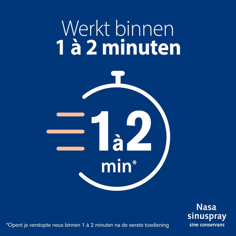Kind met neusspray. Tekst: Werkt vanaf de 1e verstuiving.
