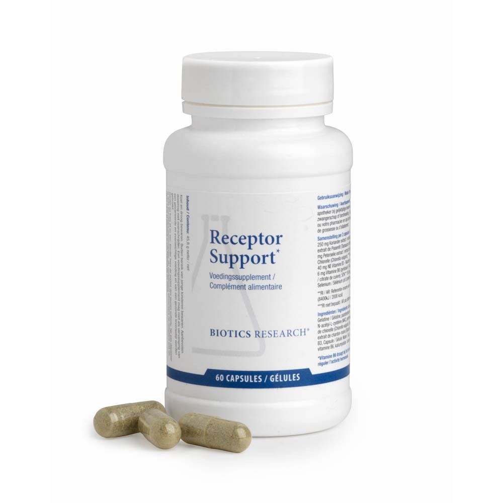 Witte fles met capsules en drie capsules ernaast. Opschrift: Receptor Support, 60 capsules.