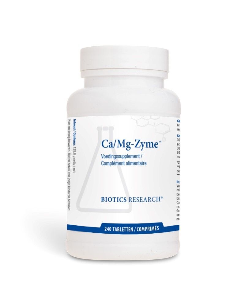 Flacon blanc avec étiquette Ca/Mg-Zyme. Inscription : 240 comprimés. Logo Biotics Research. Forme du flacon.