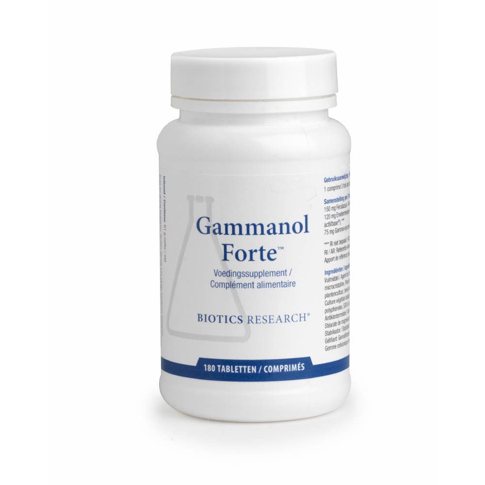 Witte fles Gammanol Forte. Opschrift: Voedingssupplement. 180 tabletten. Vooraanzicht.
