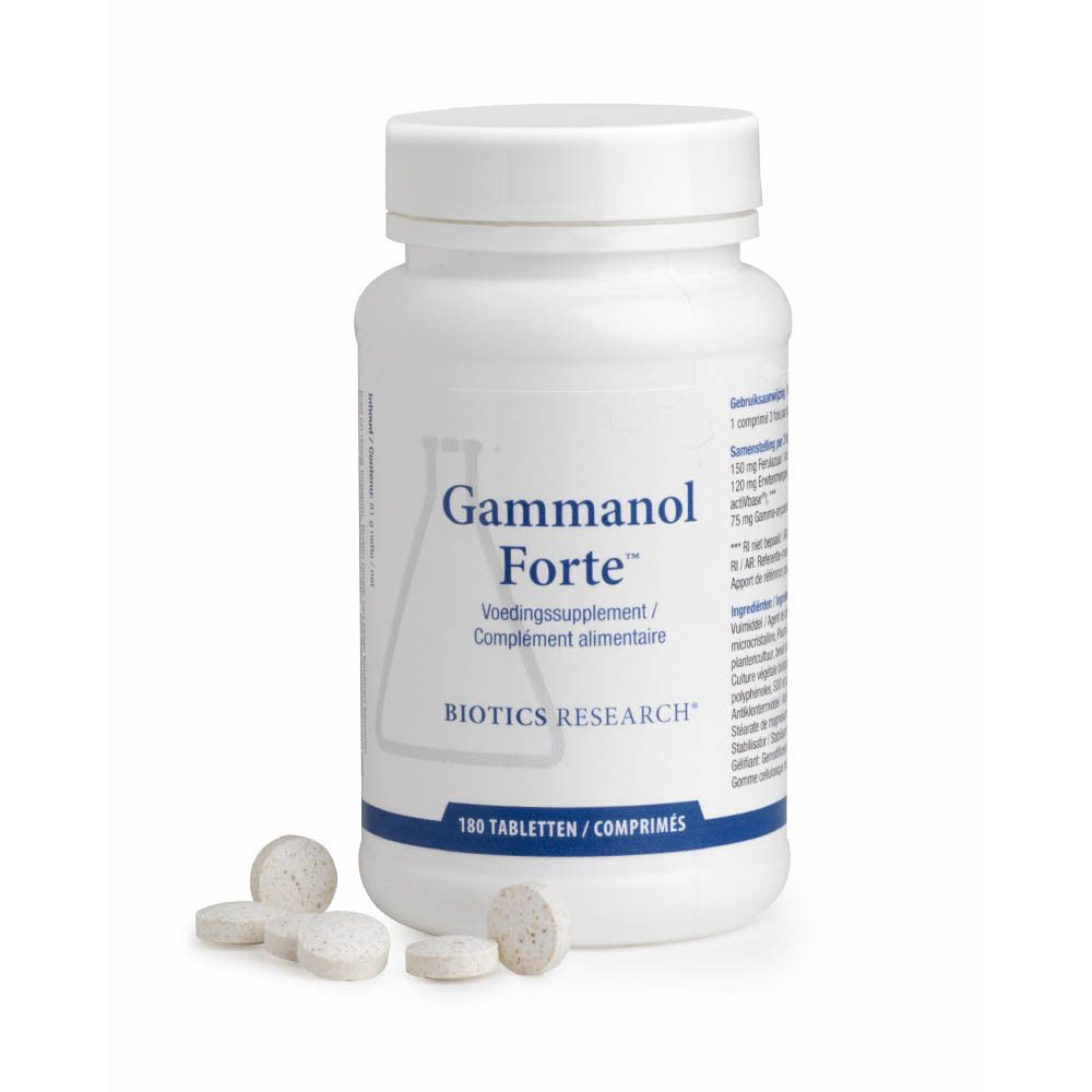 Witte fles Gammanol Forte. Opschrift: Voedingssupplement. 180 tabletten. Tabletten ernaast.
