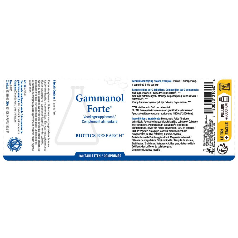 Dos du flacon blanc Gammanol Forte. Informations textuelles et étiquette. Mode d'emploi.