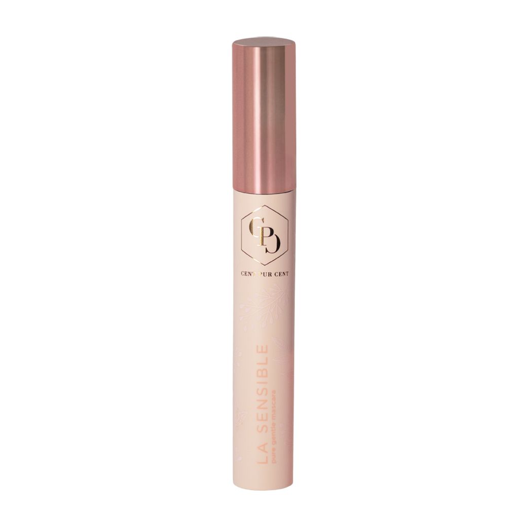 Tube de mascara rose avec capuchon or rose. Texte: Cent Pur Cent, La Sensible.