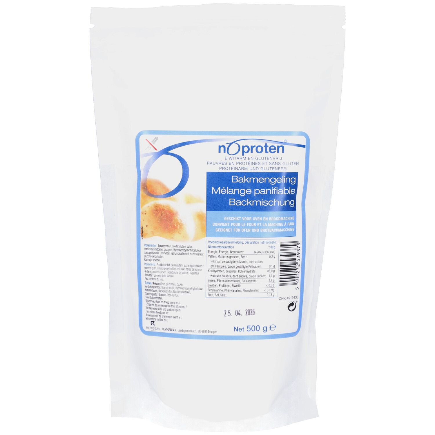 Witte zak met blauw etiket. Opschrift: Noproten Bakmengeling, 500 g. Bevat glutenvrije ingrediënten.