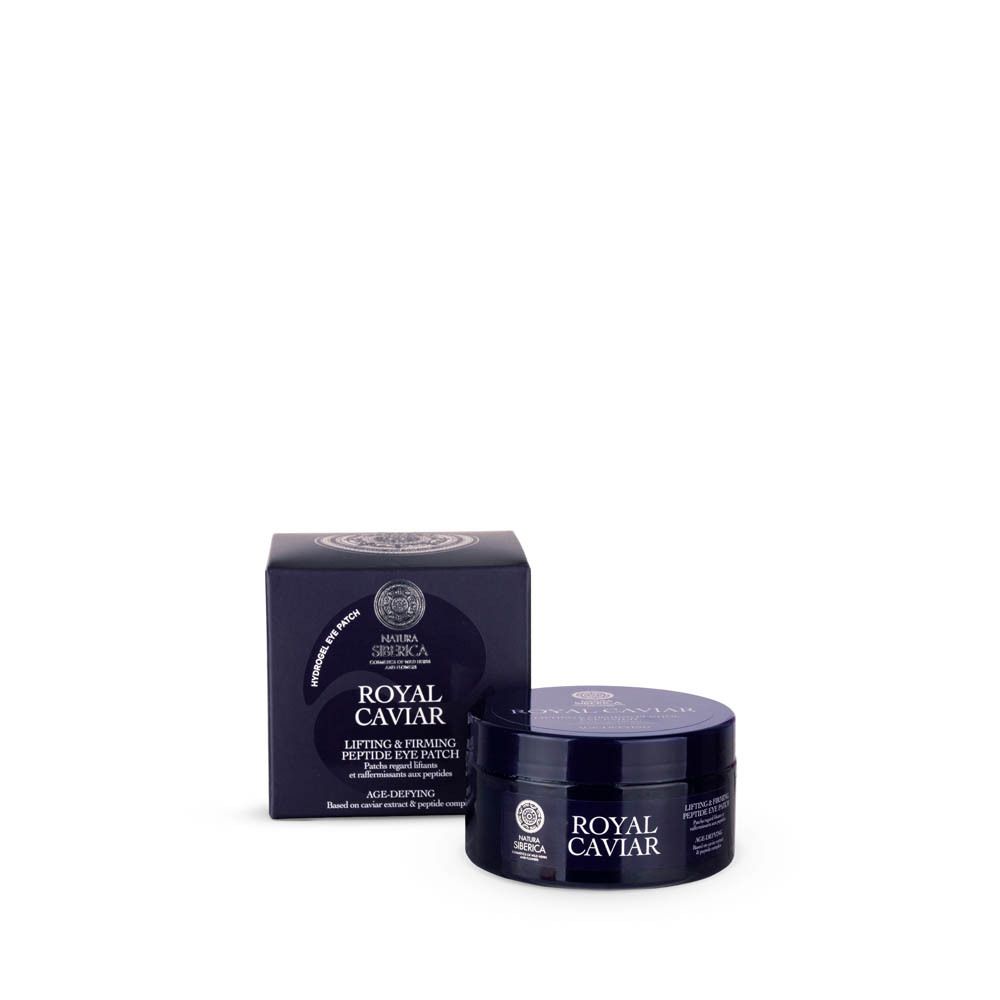 Donkerblauwe pot en doos. Opschrift: Royal Caviar Lifting & Firming Peptide Eye Patch. Merk: Natura Siberica. 60 stuks.