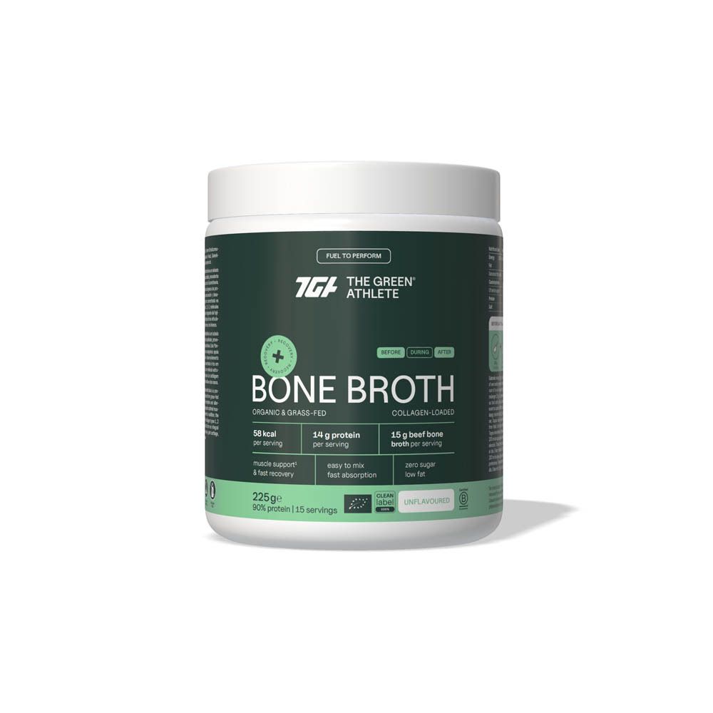 Pot avec étiquette verte. Inscription: The Green Athlete Bone Broth. Contient 15 portions. Certification BIO.