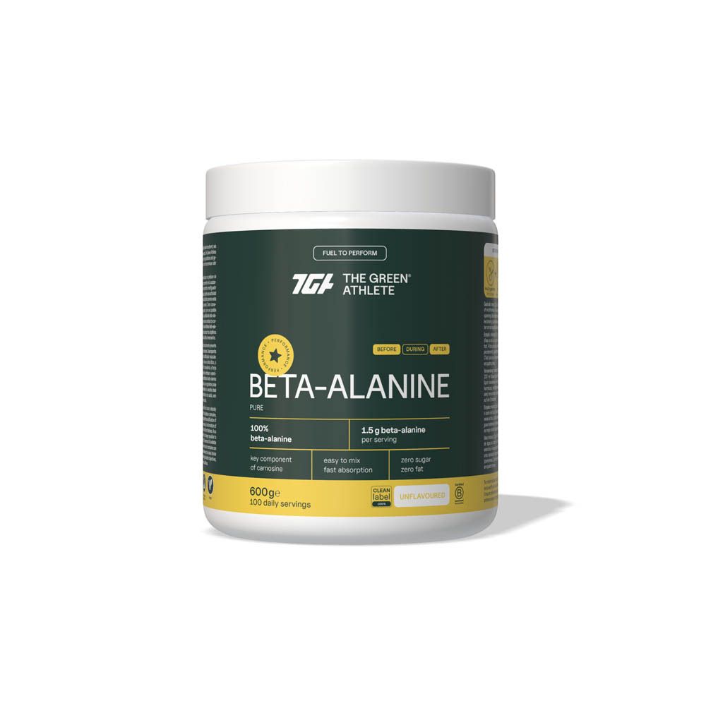 Pot blanc avec étiquette verte. Texte: The Green Athlete, Beta-Alanine, 100% Beta-Alanine, 600g, 100 portions.