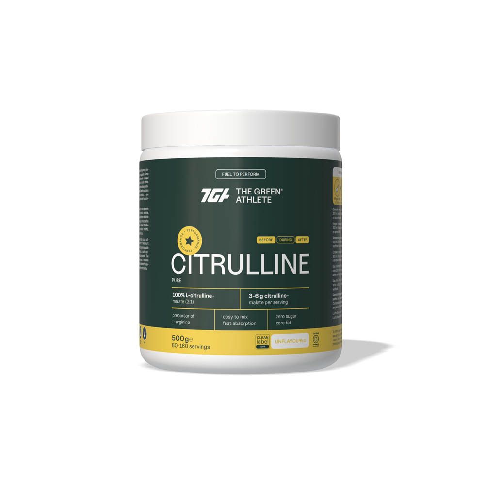 Pot van The Green Athlete L-Citrulline-Malate. Witte deksel, groene achtergrond. Tekst: Citrulline, 100% L-Citrulline-Malate, 500g.