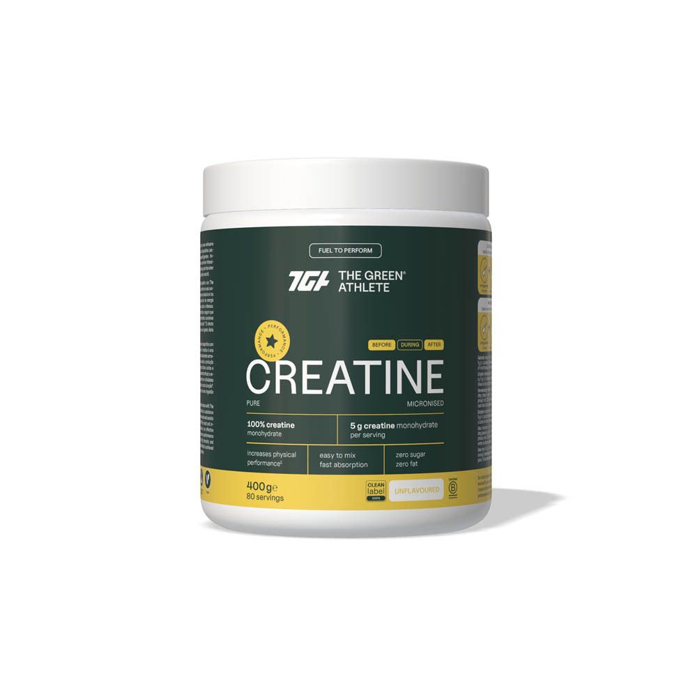 Groene pot met witte deksel. Opschrift: The Green Athlete Creatine. Bevat 400g, 80 porties. 100% creatine monohydraat.