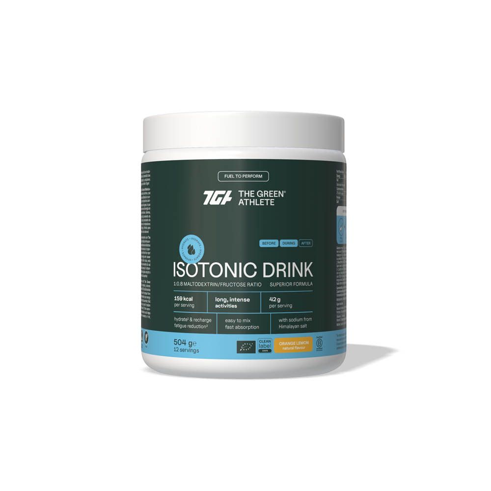 Pot vert avec couvercle blanc. Inscription : Isotonic Drink, 1.0:8 Maltodextrine/Fructose Ratio. Contient 150 kcal par portion.