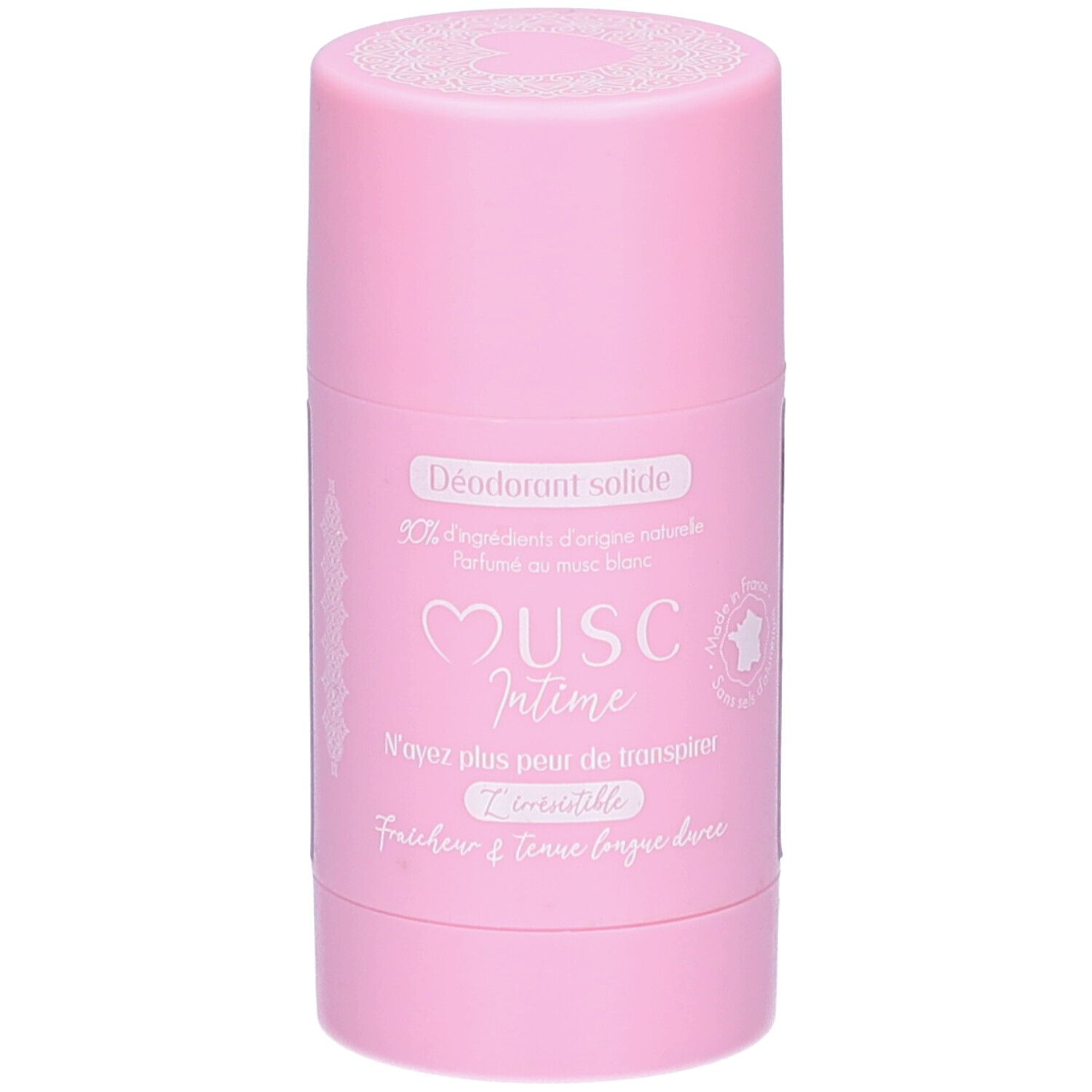 Roze deodorantstick. Opschrift: Déodorant solide, Musc Intime, 90% ingrediënten van natuurlijke oorsprong.