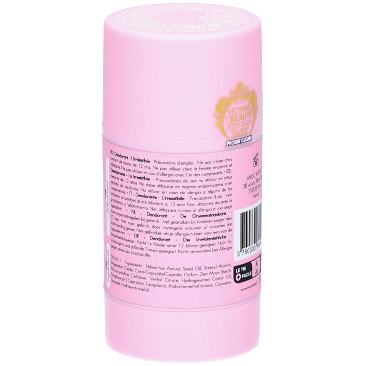 Roze deodorantstick. Achterkant met tekst in meerdere talen. Gouden label.
