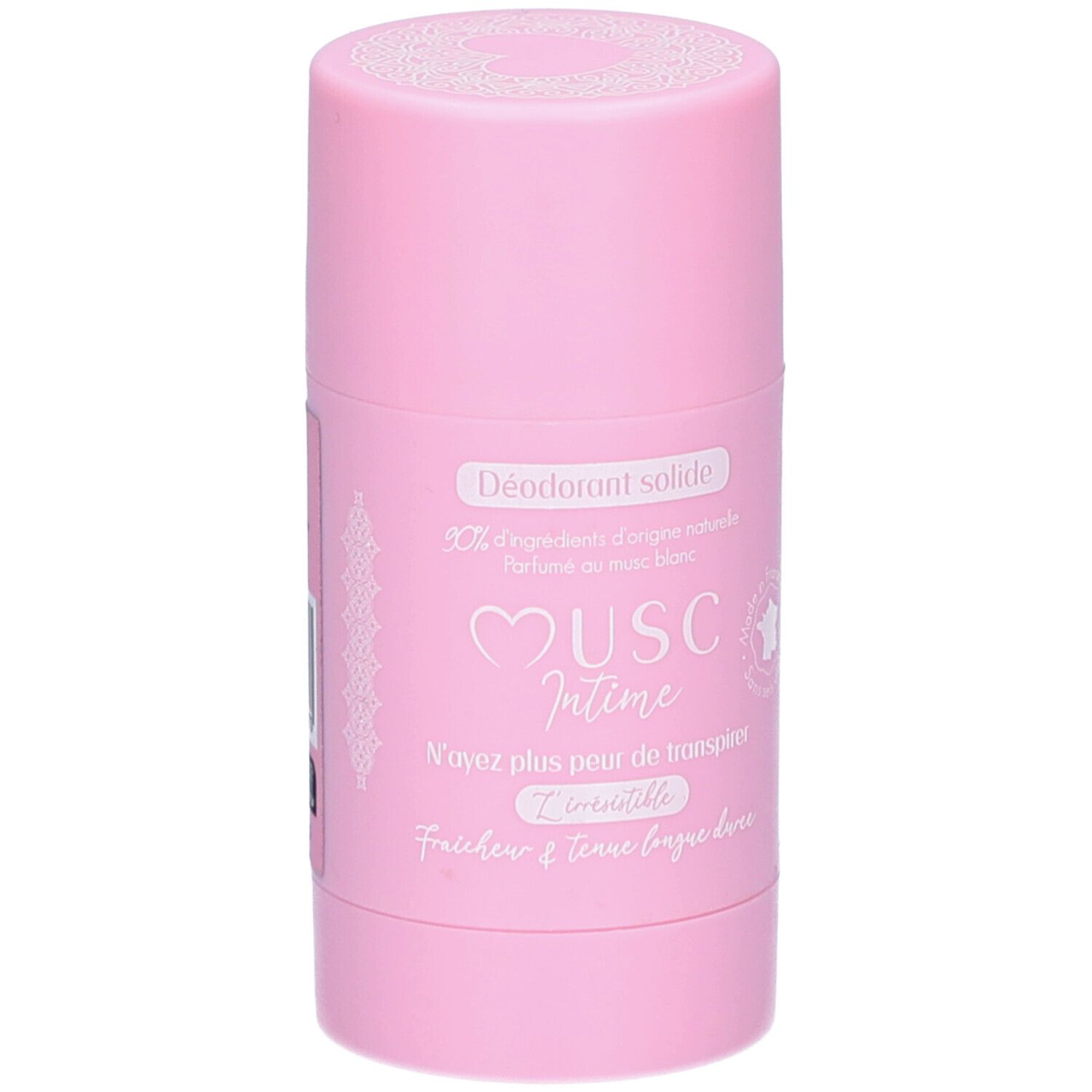 Roze deodorantstick. Opschrift: Déodorant solide, Musc Intime, 90% ingrediënten van natuurlijke oorsprong.