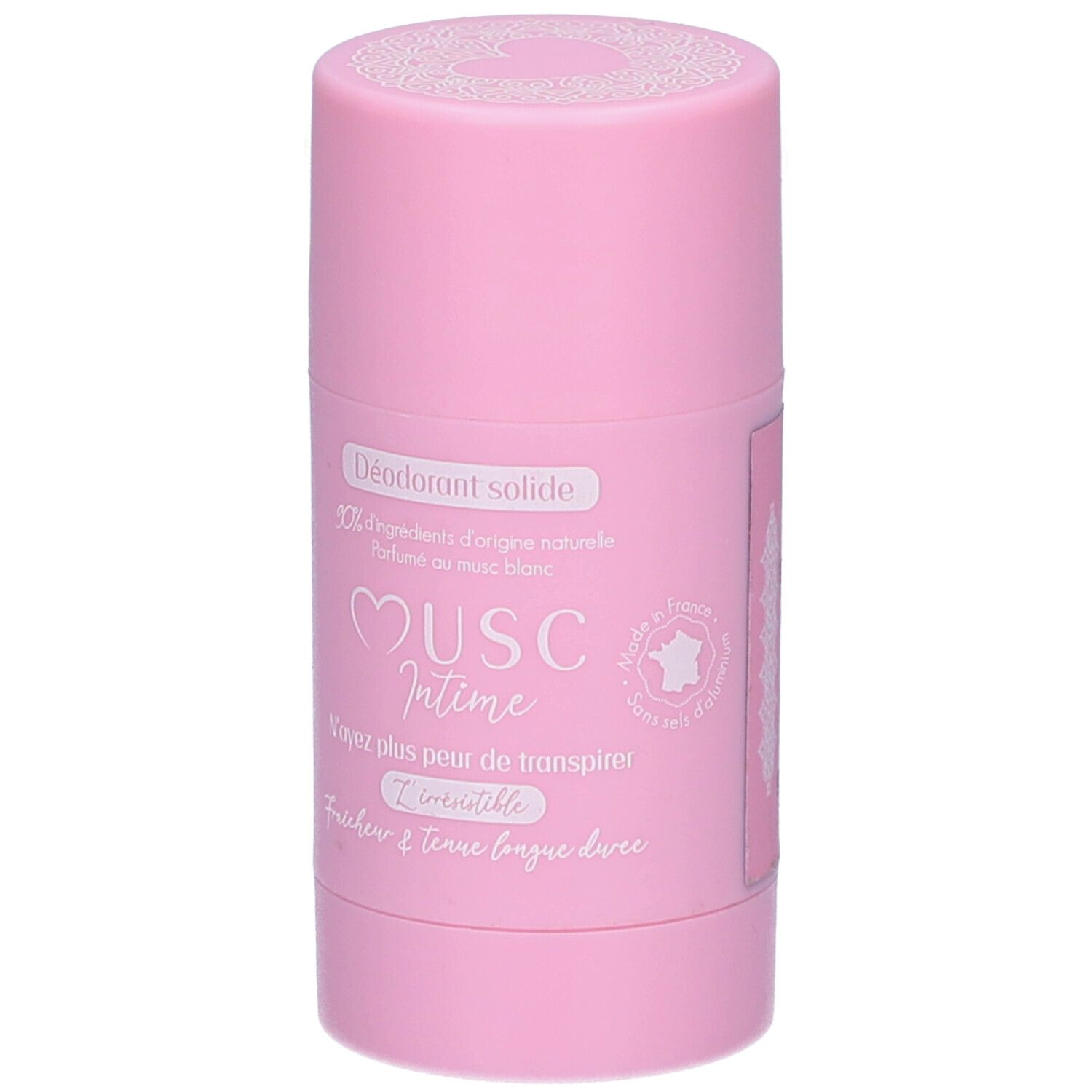 Roze deodorantstick. Opschrift: Déodorant solide, Musc Intime, 90% ingrediënten van natuurlijke oorsprong.